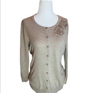 𝅺Beige Button Front Cotton Cardigan Sweater Flower Details Size S/M